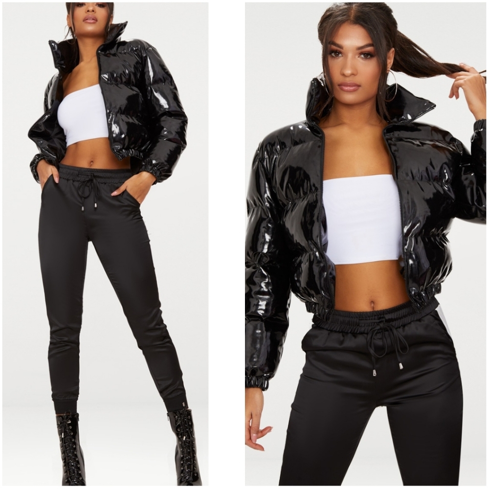 PRETTYLITTLETHING Black Cropped Vinyl Puffer Jacket - Picture 1 of 3